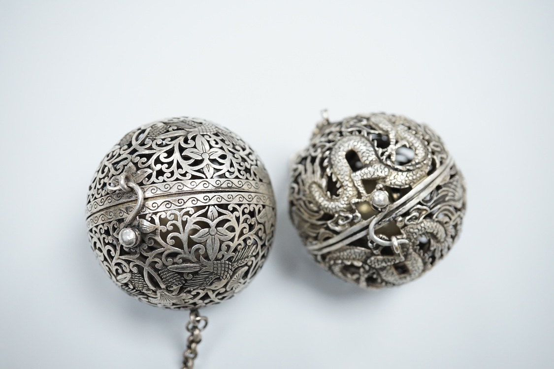 Two Chinese white metal pomanders